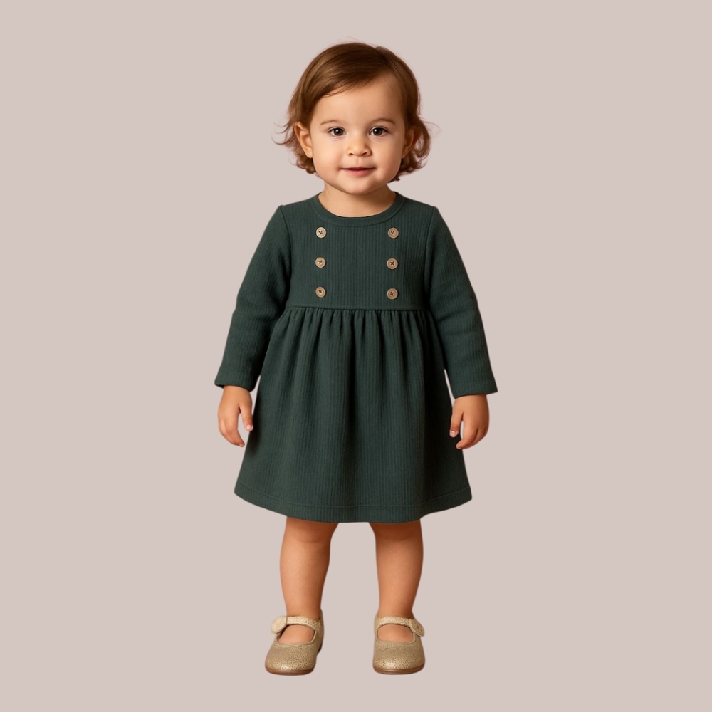Toddler Girl Ribbed Long Sleeve Ruffle Waist Dusty Blue Holiday Christmas Dress